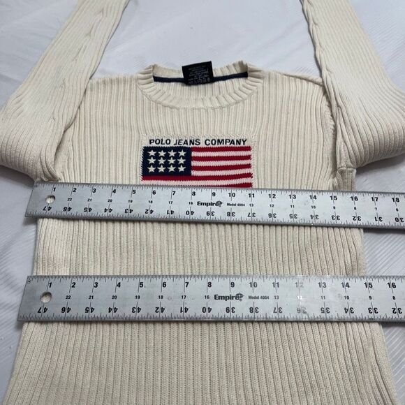 Vtg Ralph Lauren Sweater Womens L Cream US Flag Embroidered Crew Neck Cotton - Picture 6 of 8